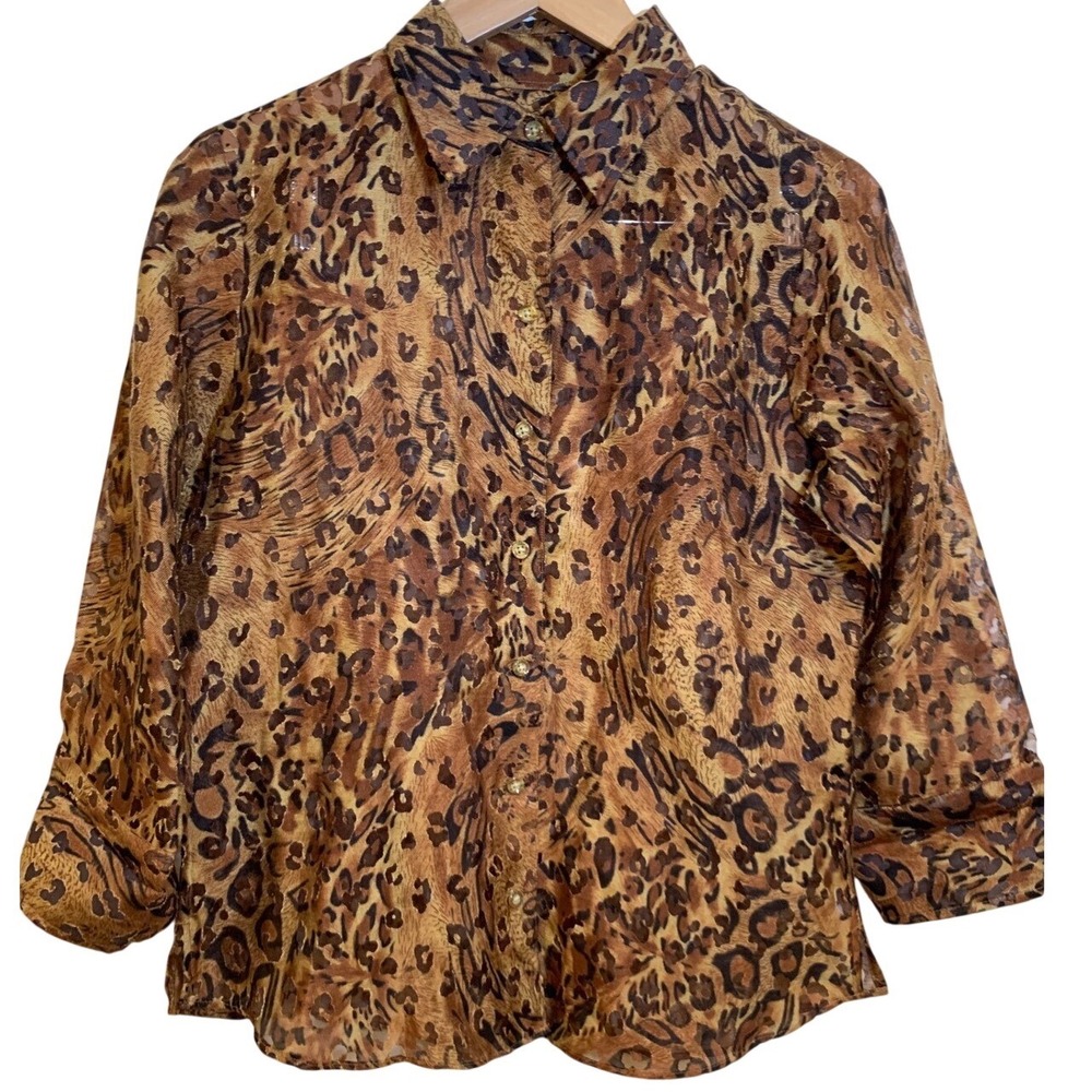Sheer Leopard collard Shirt Linen Mob Wife Indie Sleaze animal print Womens 6